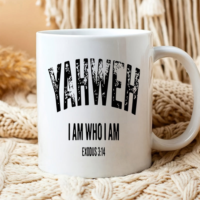 Tailorly White Ceramic 11 oz Mug - Yahweh I Am Who I Am Exodus 3 14 Distressed Bold Vintage Typography With Arched Header And Clean Minimalism Scripture