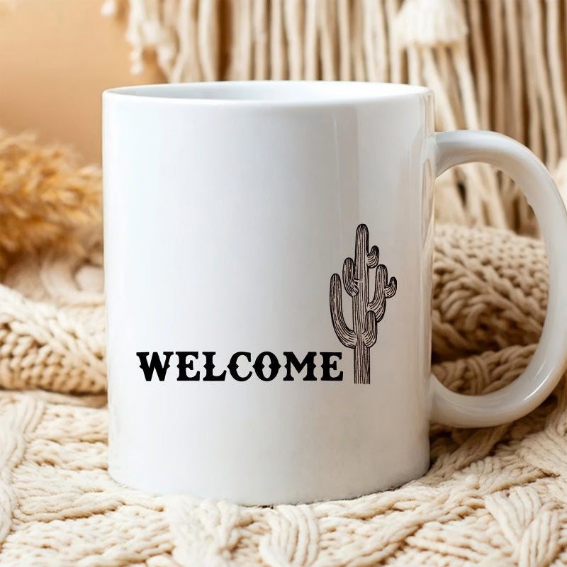 Tailorly White Ceramic 11 oz Mug - Welcome Hand Drawn Style Desert Plant Standing Tall In Arid Wilderness Cactus