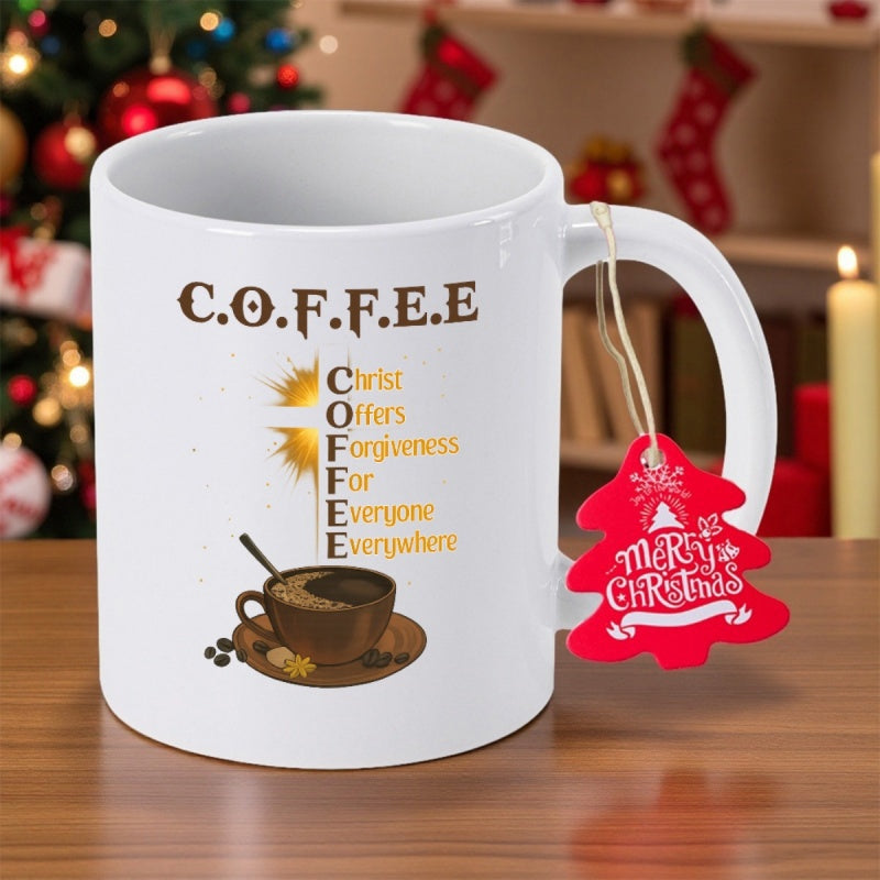 Tailorly White Ceramic 11 oz Mug - Coffee Christ Offers Forgiveness For Everyone Everywhere Steaming Dark Brew In Ceramic Cup With Saucer And Roasted Cup