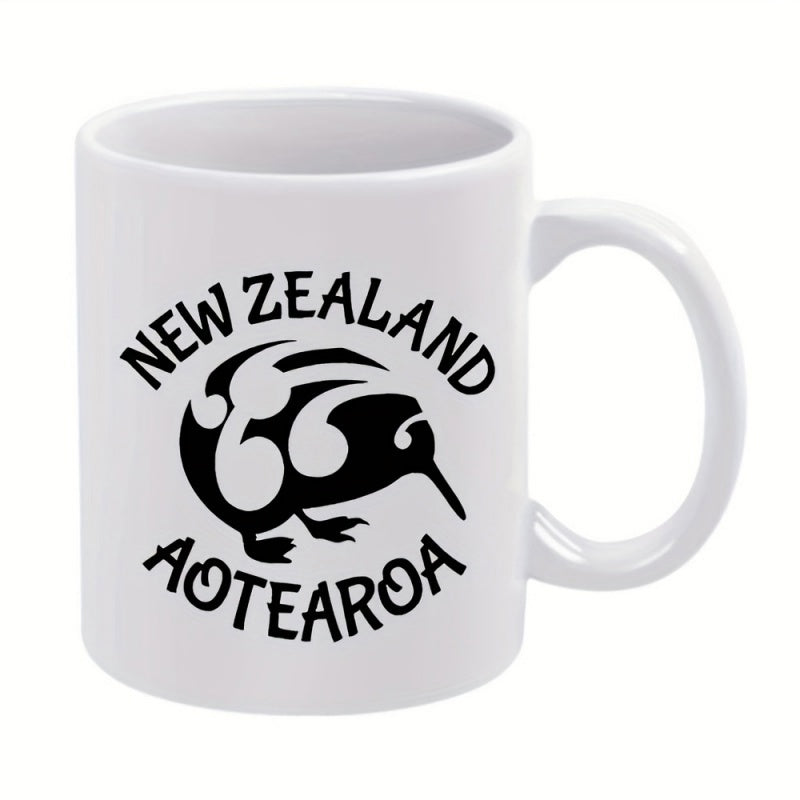Tailorly White Ceramic 11 oz Mug - New Zealand Aotearoa Stylized Black Tribal Maori Pattern Motifs Featuring A Small Wingless Kiwi