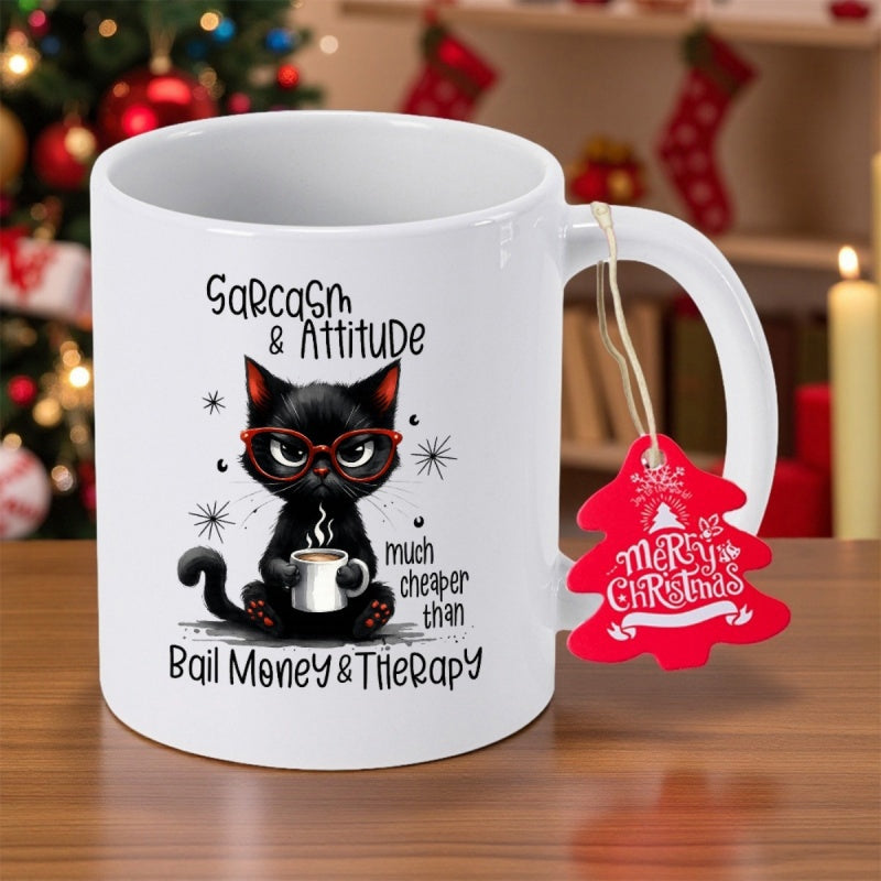 Tailorly White Ceramic 11 oz Mug - Sarcasm Attitude Bail Money Therapy Cute Black Kitten Wearing Red Glasses Holding A Hot Beverage Cat