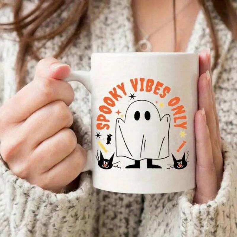 Tailorly White Ceramic 11 oz Mug - Spooky Vibes Only Playful Halloween Scene Featuring Stars And Cats Under A Sheet Ghost
