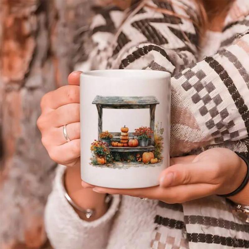 Tailorly White Ceramic 11 oz Mug - Rustic Wooden Shed Decorated With Autumnal Pumpkins And Colorful Blooming Flowers Stall