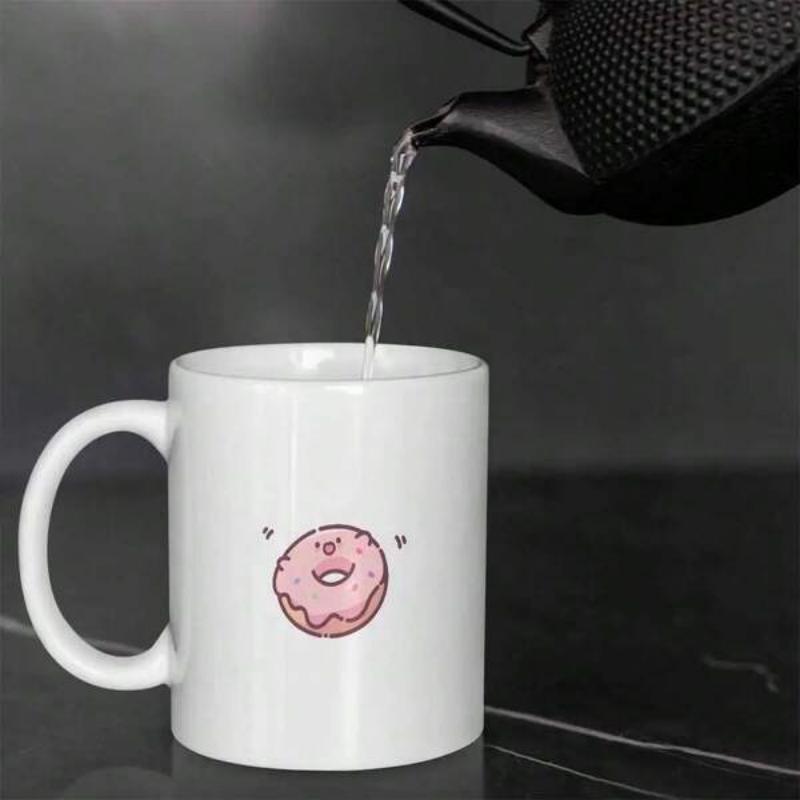 Tailorly White Ceramic 11 oz Mug - Delicious Pink Glazed Cartoon Pastry With A Smiling Face And Hearts Donut