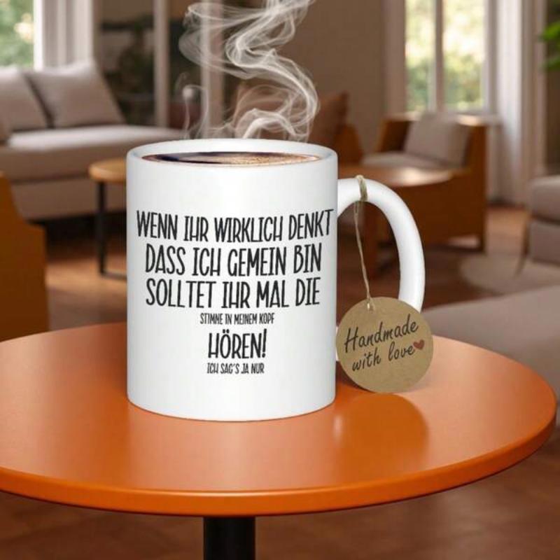 Tailorly White Ceramic 11 oz Mug - Handmade With Love White Ceramic Cup Sitting On Wooden Table With Rising Steam Mug