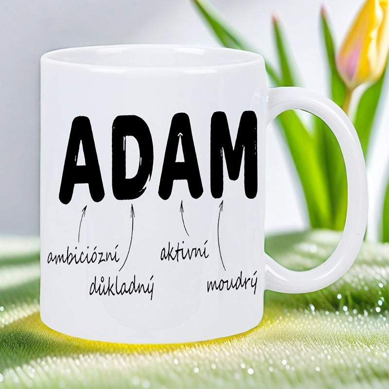 Tailorly White Ceramic 11 oz Mug - Adam Bold Black Distressed Style Text With Small Pointed Arrows Design Lettering