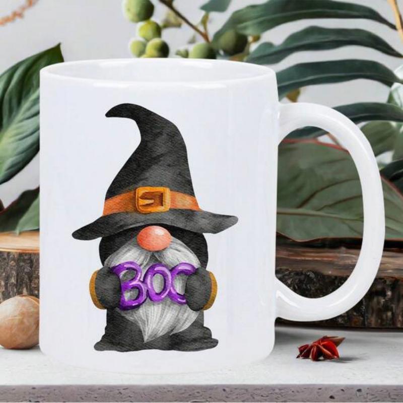 Tailorly White Ceramic 11 oz Mug - Boo Halloween Witch Wizard Wearing Black Hat Holding Glowing Purple Sign Gnome