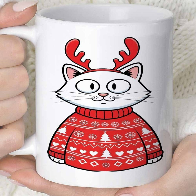 Tailorly White Ceramic 11 oz Mug - Adorable White Cartoon Cat Wearing Reindeer Antlers And Red Festive Sweater Cat