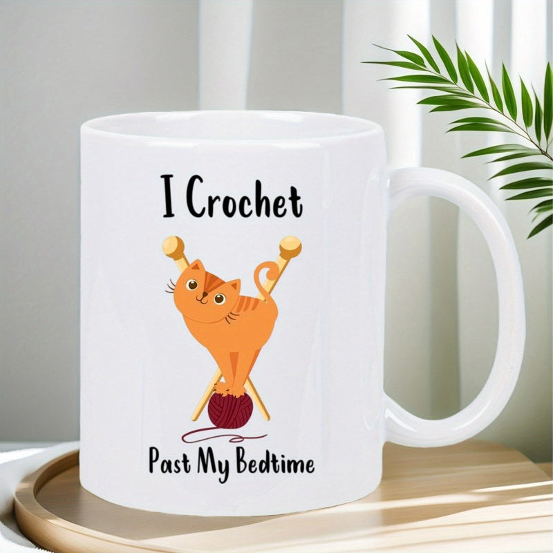 Tailorly White Ceramic 11 oz Mug - I Crochet Past My Bedtime Playful Orange Cartoon Feline Sitting Among Yarn And Needles Cat