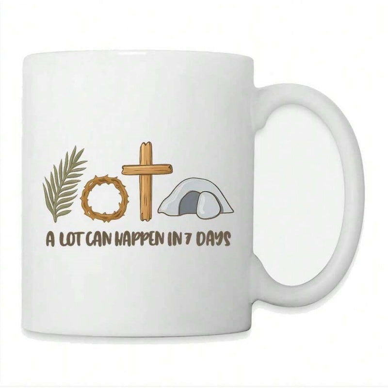 Tailorly White Ceramic 11 oz Mug - A Lot Can Happen In 7 Days Symbolic Christian Icons Representing Easter Resurrection And Wooden Cross