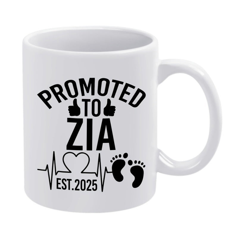 Tailorly White Ceramic 11 oz Mug - Promoted To Zia Est 2025 Minimalist Black Line Art Featuring Tiny Baby Footprints And Heartbeat Sign