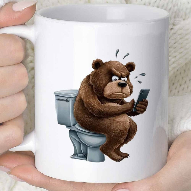 Tailorly White Ceramic 11 oz Mug - Grumpy Brown Bear Sitting On Toilet Using Smartphone With Concentrated Expression Bear