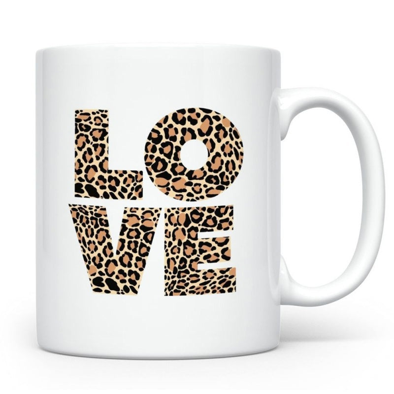 Tailorly White Ceramic 11 oz Mug - Love Stylish Bold Block Letters Featuring Wild Textured Animal Skin Print Pattern Mug