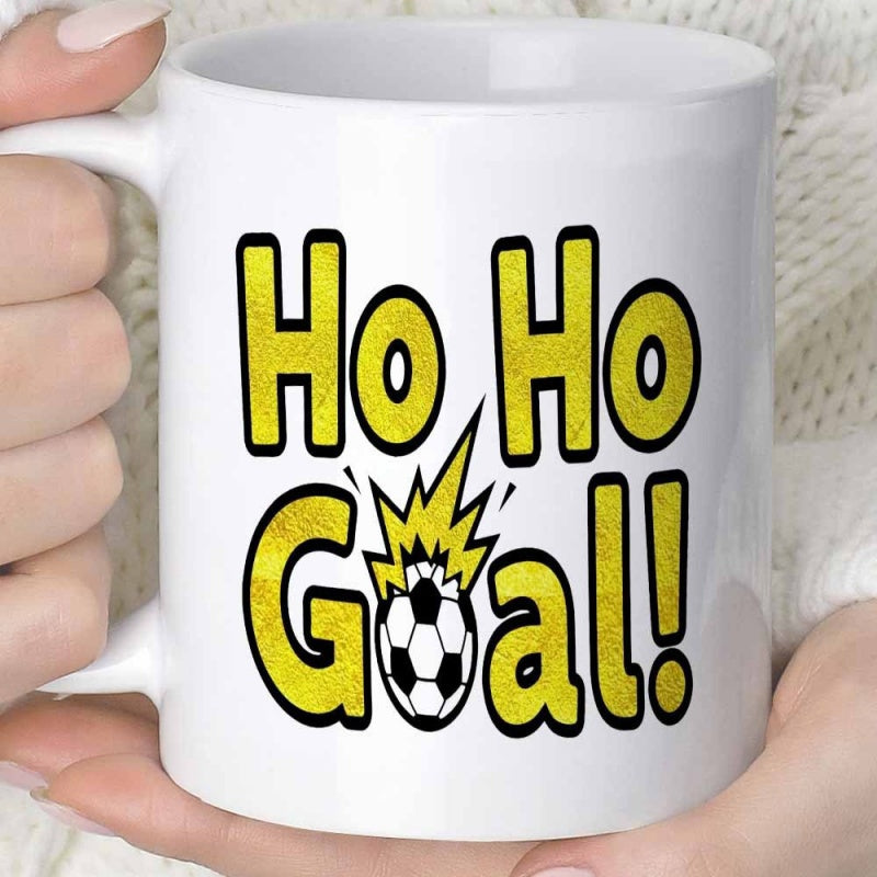 Tailorly White Ceramic 11 oz Mug - Ho Ho Goal Vibrant Yellow Comic Style Burst Behind A Classic Geometric Sports Soccer Ball