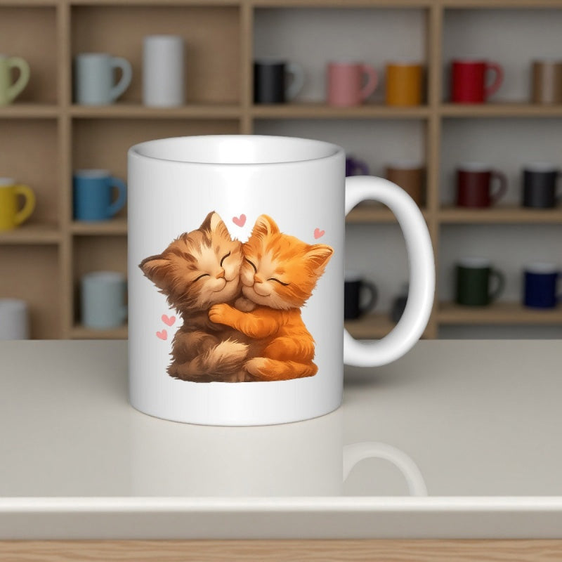 Tailorly White Ceramic 11 oz Mug - Two Adorable Fluffy Tabby Kittens Hugging Together Surrounded By Tiny Pink Hearts Kittens