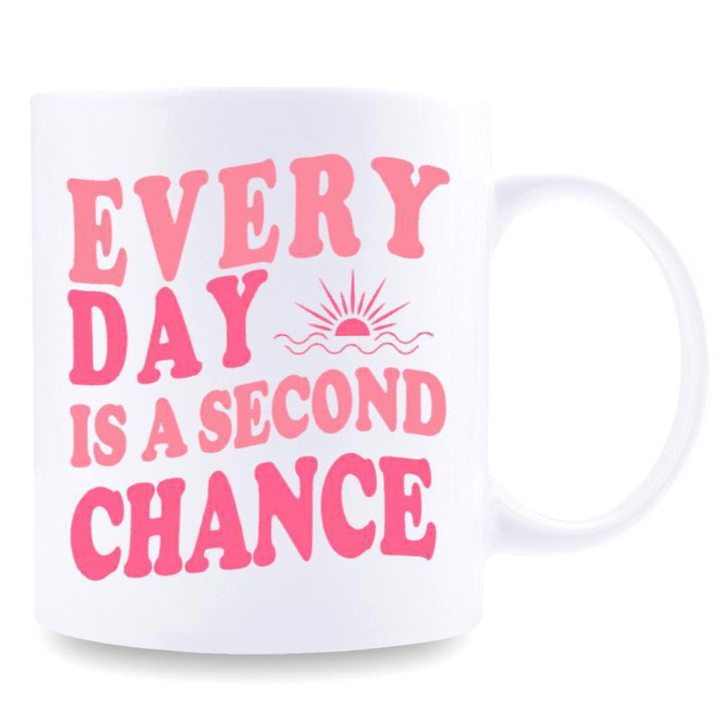 Tailorly White Ceramic 11 oz Mug - Every Day Is A Second Chance Minimalist Radiant Morning Sunrise Over Gentle Flowing Ocean Waves Sun