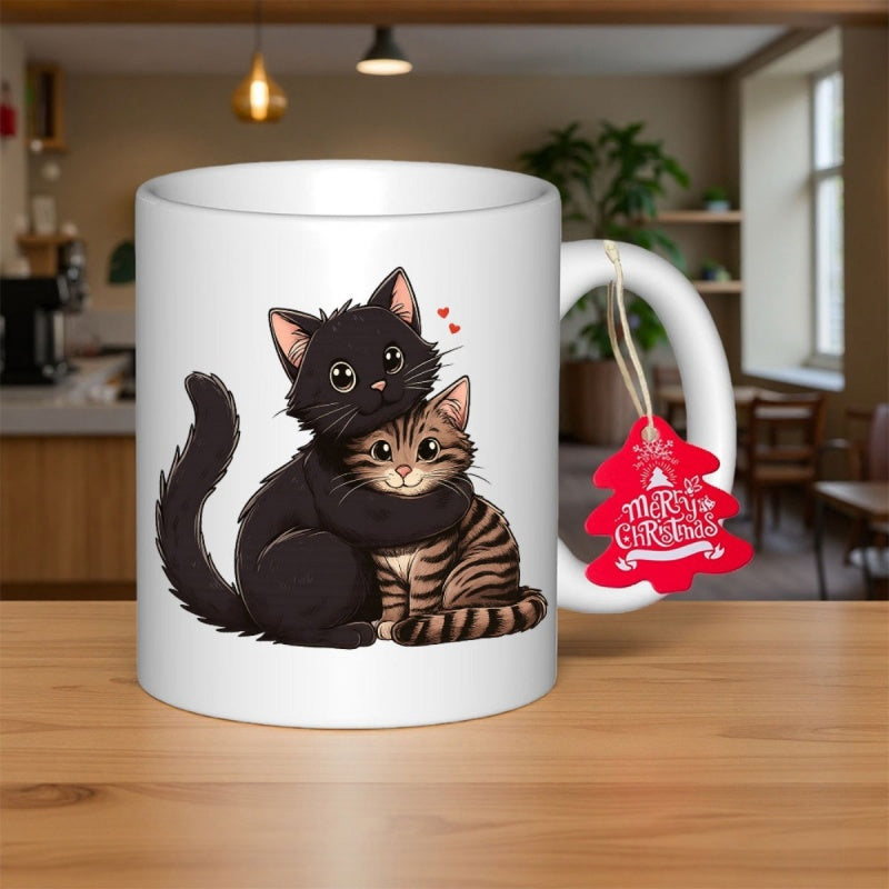 Tailorly White Ceramic 11 oz Mug - Merry Christmas Adorable Black And Tabby Feline Friends Hugging With Small Red Hearts Cat