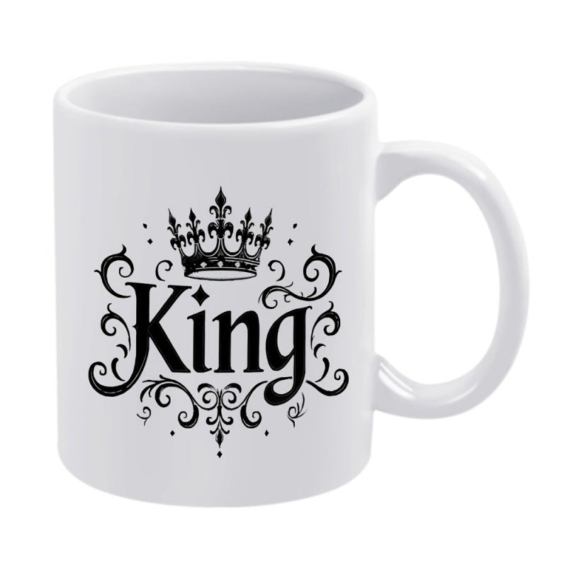 Tailorly White Ceramic 11 oz Mug - King Elegant Black Filigree Swirls Surrounding A Majestic Detailed Decorative Royal Crown
