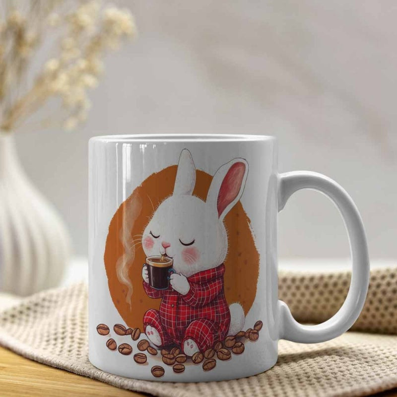 Tailorly White Ceramic 11 oz Mug - Cute White Bunny In Red Plaid Pajamas Drinking Hot Coffee Rabbit