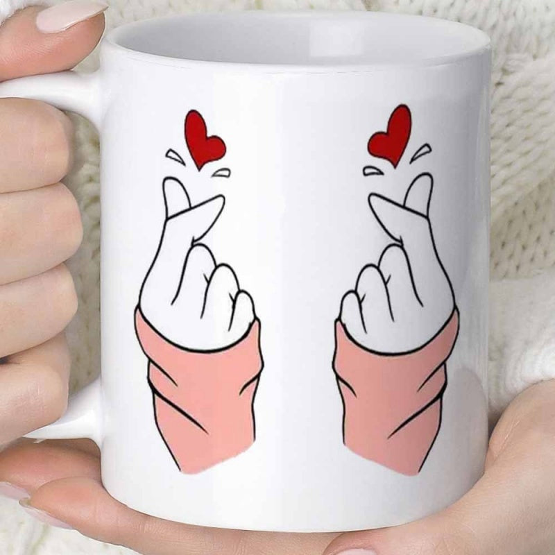 Tailorly White Ceramic 11 oz Mug - Minimalist Hands Forming Korean Finger Hearts With Small Red Vibrant Hearts Hands