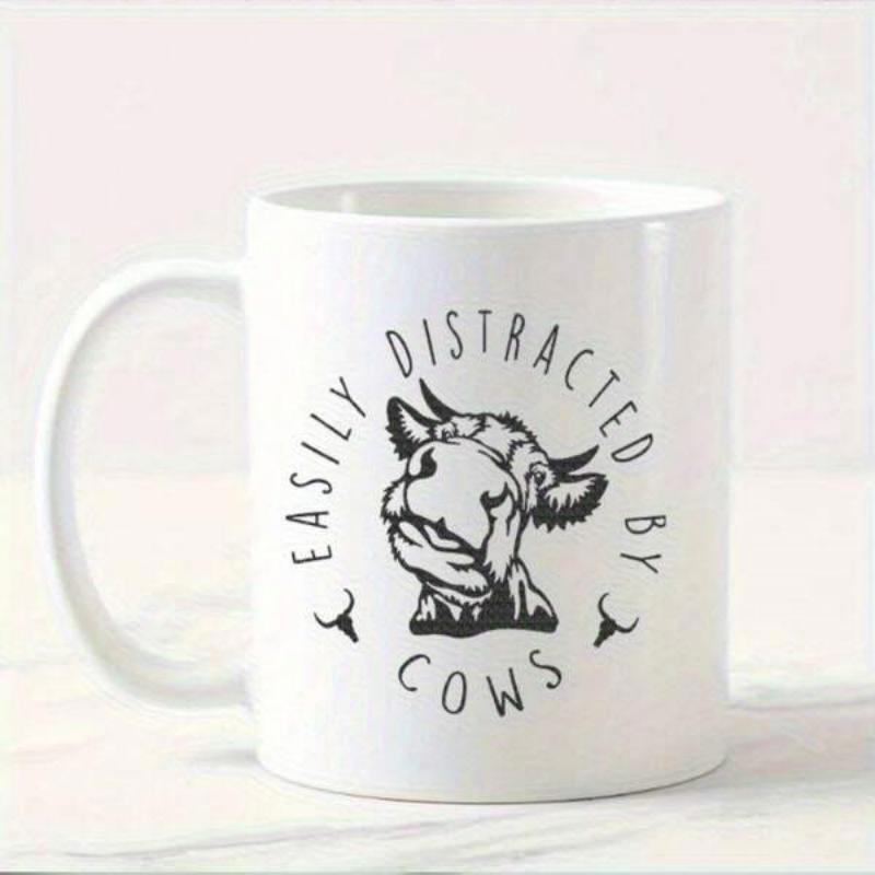 Tailorly White Ceramic 11 oz Mug - Easily Distracted By Cows Minimalist Hand Drawn Rustic Farm Animal Head Within A Circular Slogan Layout Cow