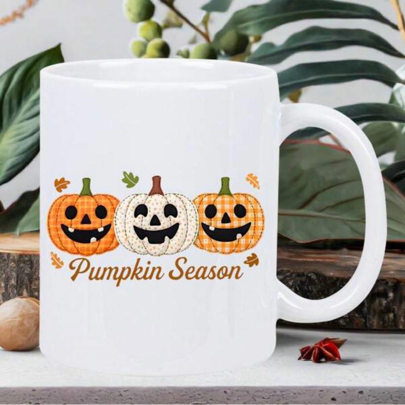 Tailorly White Ceramic 11 oz Mug - Pumpkin Season Three Smiling Jack O Lanterns Lined Up Among Autumn Leaves Pumpkin