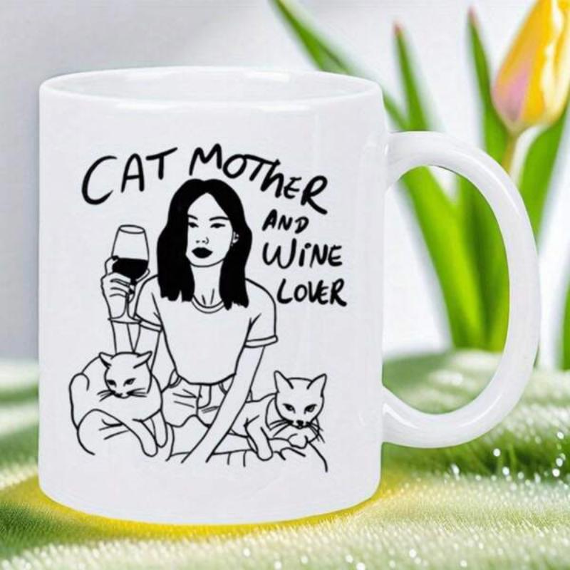 Tailorly White Ceramic 11 oz Mug - Cat Mother And Wine Lover Minimalist Line Art Illustrating Graceful Lady Holding Wine Glass Beside Cats Woman