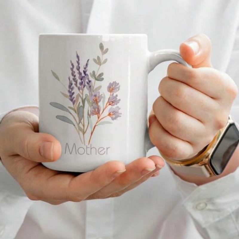 Tailorly White Ceramic 11 oz Mug - Mother Graceful Lavender With Delicate Green Leaves In Soft Watercolor Style Mug