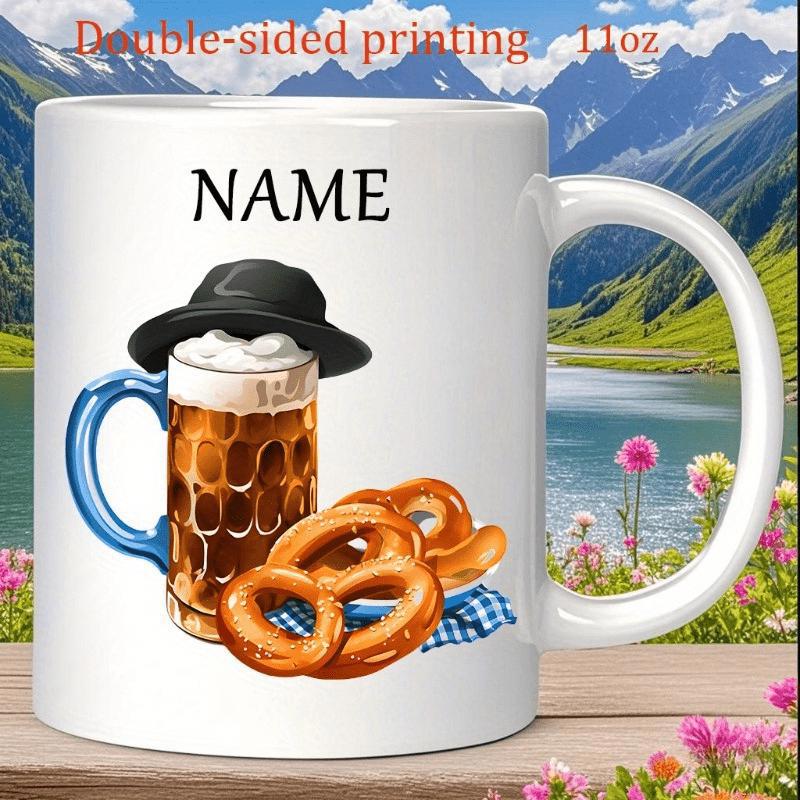 Tailorly White Ceramic 11 oz Mug - Name Refreshing Frothy Beer Stein With Alpine Hat And Golden Baked Salty Pretzels Mug