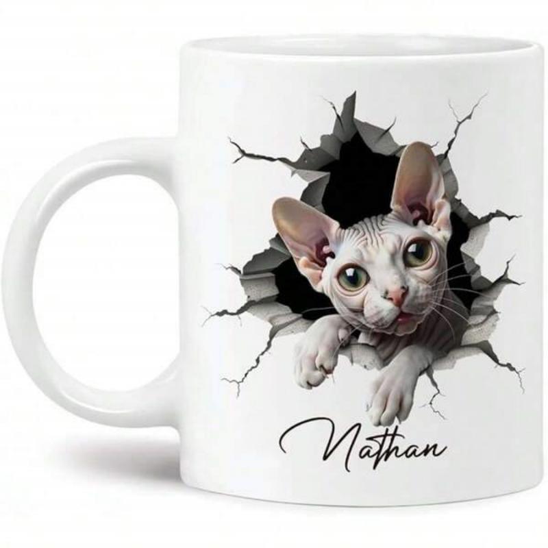 Tailorly White Ceramic 11 oz Mug - Nathan Curious Hairless Kitten Peeking From Within A Realistic Cracked Hole Cat