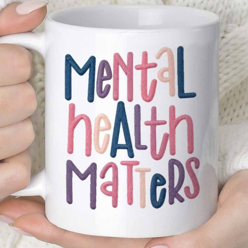 Tailorly White Ceramic 11 oz Mug - Mental Health Matters Vibrant Colorful Rounded Bubble Lettering Awareness Wall Art Quote
