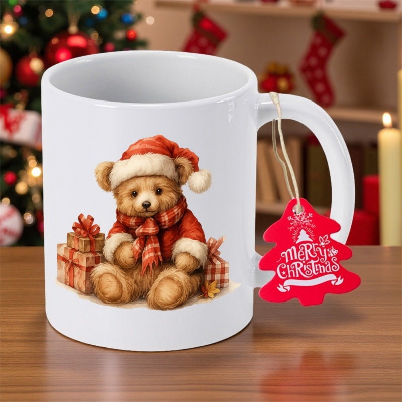 Tailorly White Ceramic 11 oz Mug - Merry Christmas Soft Festive Teddy Wearing Scarf And Hat Surrounded By Wrapped Present Boxes Bear
