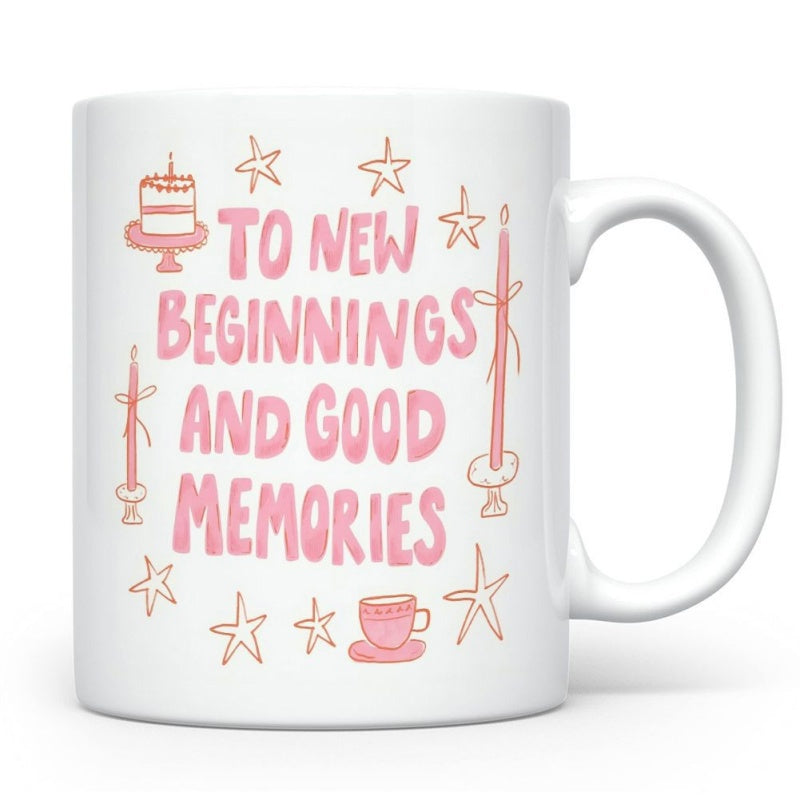 Tailorly White Ceramic 11 oz Mug - To New Beginnings And Good Memories Hand Drawn Pink Celebration Elements With Stars And Festive Birthday Cake Mug