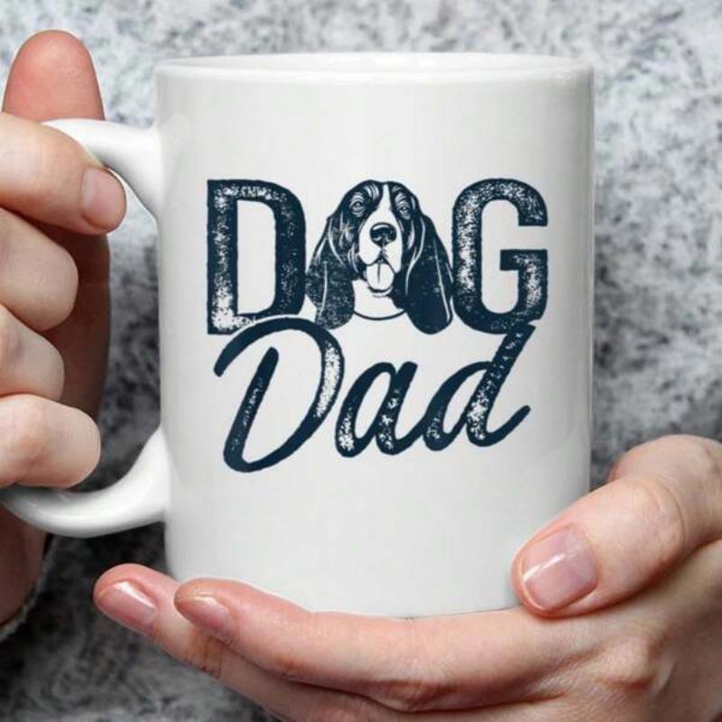 Tailorly White Ceramic 11 oz Mug - Dog Dad Vintage Distressed Typography Featuring Detailed Portrait Of A Loyal Long Eared Dog