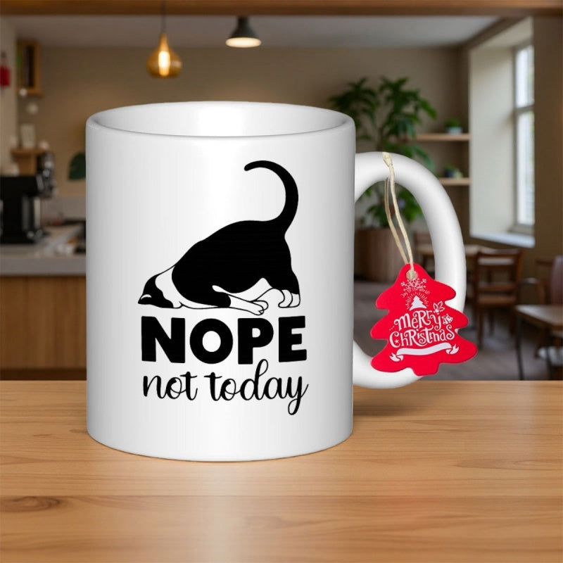 Tailorly White Ceramic 11 oz Mug - Nope Not Today Playful Silhouette Of A Lazy Black Cat Hiding Its Face Cat