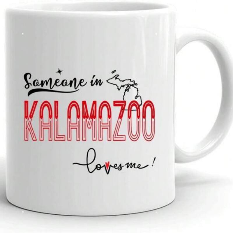 Tailorly White Ceramic 11 oz Mug - Someone In Kalamazoo Loves Me Retro Stylized Red Text Beside Detailed Michigan State Map Silhouette Mug
