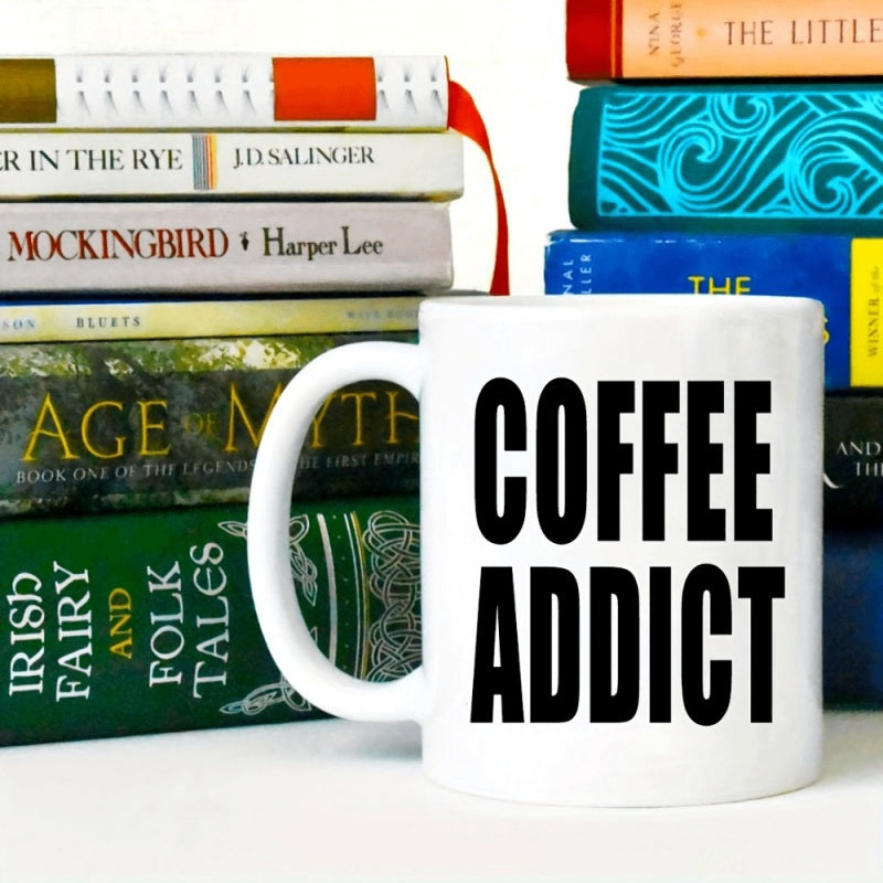 Tailorly White Ceramic 11 oz Mug - Coffee Addict Bold Black Lettering On Among Colorful Library Books Mug