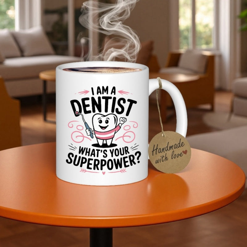 Tailorly White Ceramic 11 oz Mug - I Am A Dentist Whats Your Superpower Smiling Cartoon Character With Dental Tools Among Decorative Pink Swirls Tooth
