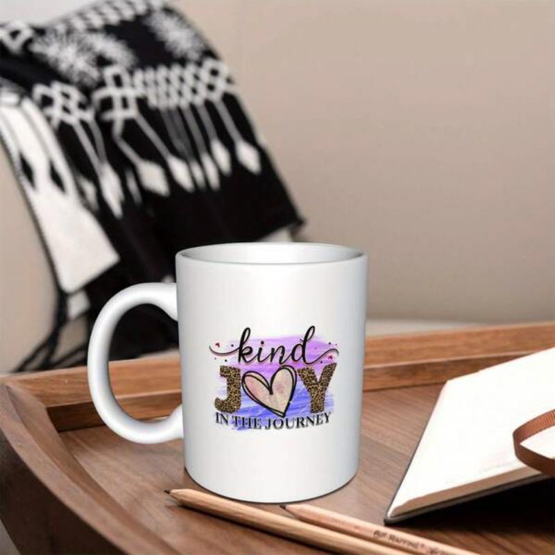 Tailorly White Ceramic 11 oz Mug - Kind Joy Is The Journey Artistic Script Lettering With Textured Heart Among Purple Watercolor Strokes Heart