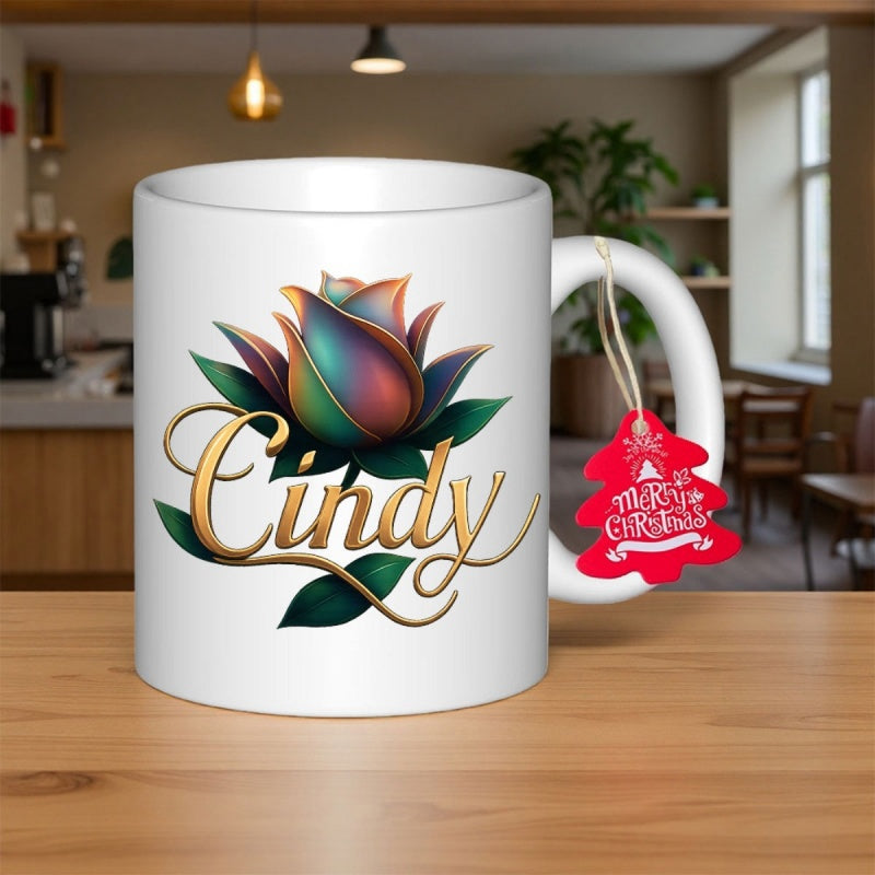 Tailorly White Ceramic 11 oz Mug - Cindy Vibrant Iridescent Petals With Deep Green Leaves And Golden Metallic Accents Rose