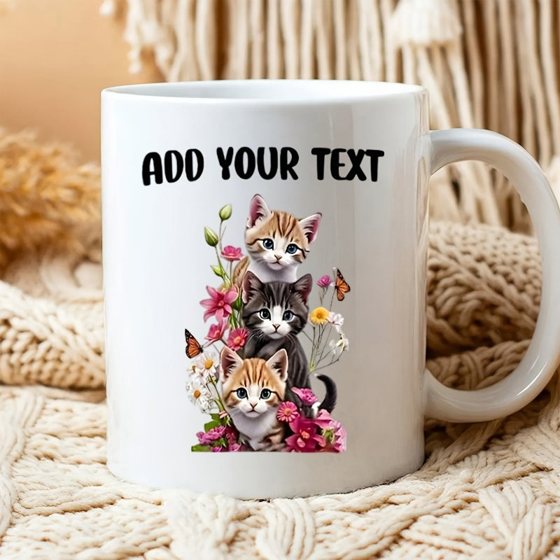 Tailorly White Ceramic 11 oz Mug - Add Your Text Three Adorable Kittens Stacked Among Vibrant Blooming Spring Flowers And Butterflies Kitten