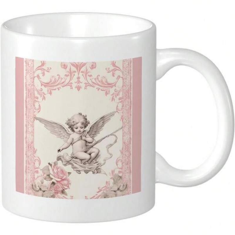 Tailorly White Ceramic 11 oz Mug - Vintage Classical Pink Ornamental Frame With Roses And Winged Graceful Angel