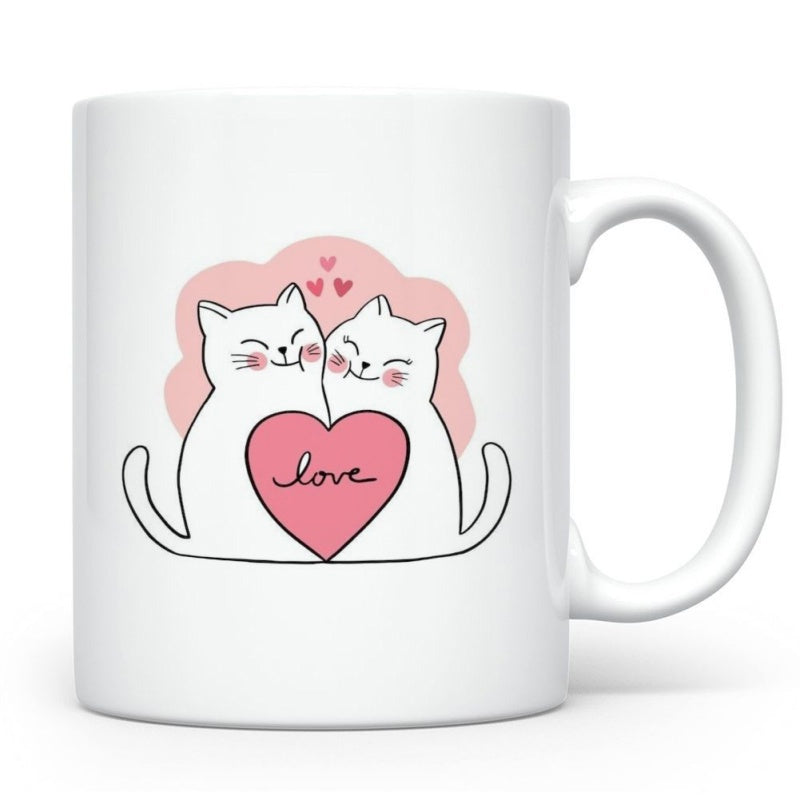 Tailorly White Ceramic 11 oz Mug - Love Adorable Cuddling White Felines Holding A Large Pink Heart Cat