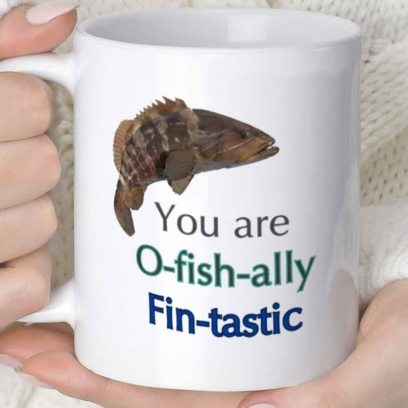 Tailorly White Ceramic 11 oz Mug - You Are O Fish Ally Fin Tastic Realistic Brown Spotted Sea Bass Swimming Among Deep Ocean Waters Fish