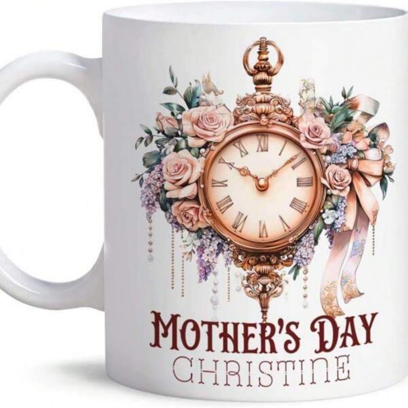 Tailorly White Ceramic 11 oz Mug - Mothers Day Christine Vintage Pocket Watch Adorned With Elegant Pink Roses And Floral Leaves Timepiece