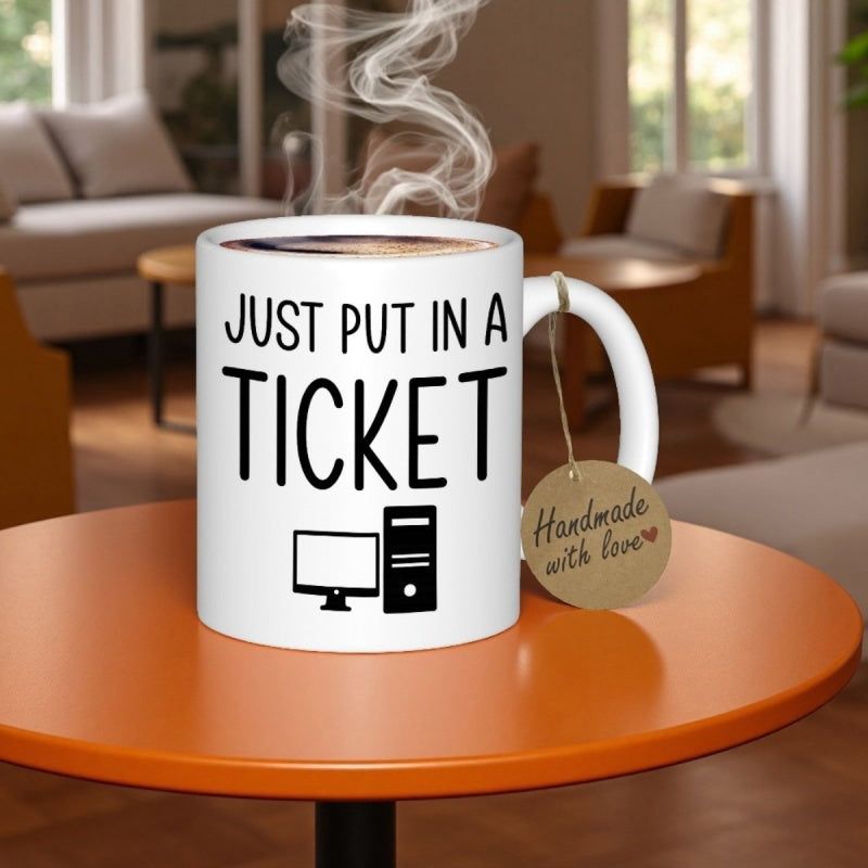 Tailorly White Ceramic 11 oz Mug - Just Put In A Ticket Minimalist Black Icons Representing Technical Support With Monitor And Tower Case Computer