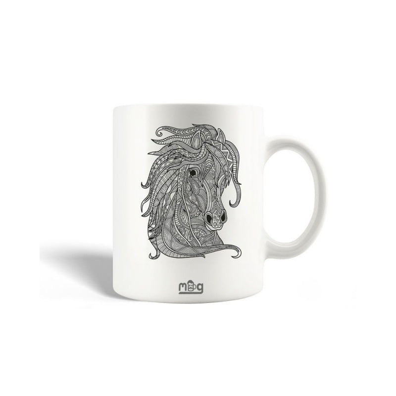 Tailorly White Ceramic 11 oz Mug - Mug Intricate Zentangle Line Art Pattern With Flowing Mane Decorative Animal Horse