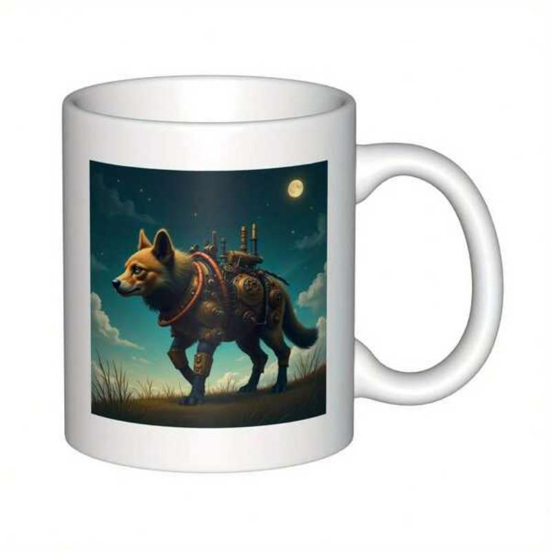 Tailorly White Ceramic 11 oz Mug - Majestic Armored Wolf Walking Under Bright Moonlight In Scenic Night Landscape Wolf
