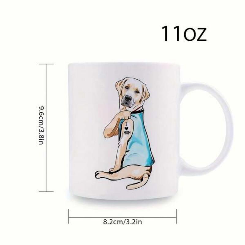 Tailorly White Ceramic 11 oz Mug - Mom Strong Labrador Retriever Flexing Muscle Wearing Blue Shirt With Heart Tattoo Dog