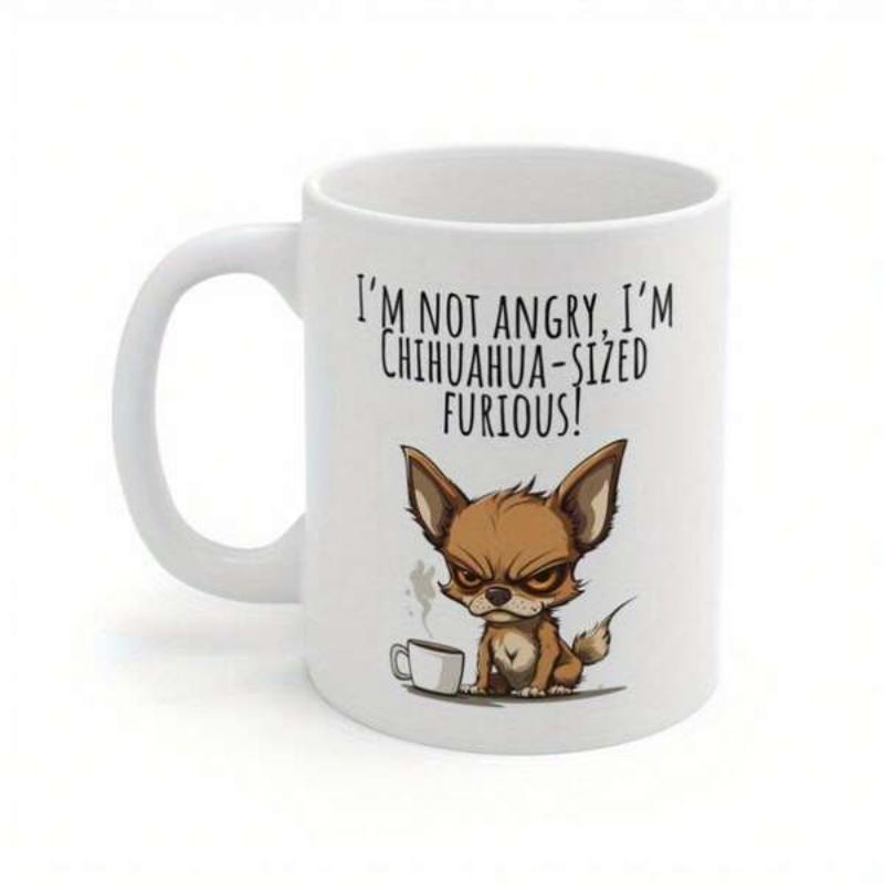 Tailorly White Ceramic 11 oz Mug - Im Not Angry Im Chihuahua Sized Furious Small Angry Dog Sitting Beside Steaming Coffee Cup Chihuahua